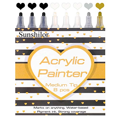 Sunshilor White Paint Pen, Acrylic White Permanent Marker White Paint Pens for Wood Rock Plastic Leather Glass Stone Metal Canvas Ceramic Marker, Set of 8 Medium Tip Acrylic Paint Pens Black White Gold Silver