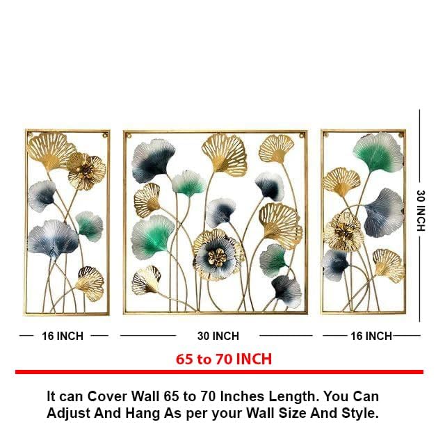Image of ZOVE Metal Wall Art Set of 3 - Flower & Leaf Design | Home, Hotel, Restaurant, Living Room Decor | Handcrafted Decorative Panels (Size: 60 x 30 Inch, Multicolor)