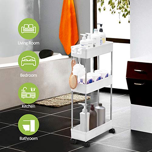 Kpx Slim Rolling Storage Cart Kitchen Small Shelves Organizer With Casters Wheels Mobile Bathroom Slide Utility Cart, Small Shelf For Laundry Room, Make Up, Home School, Dorm Room (3-Tier, White) #TOP3