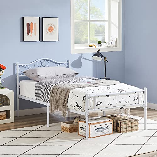 Vecelo 14 Inch Twin Size Metal Platform Bed Frame With Headboard And Footboard, Heavy Duty Mattress Foundation With Steel Slats Support, No Box Spring Needed, White #TOP5