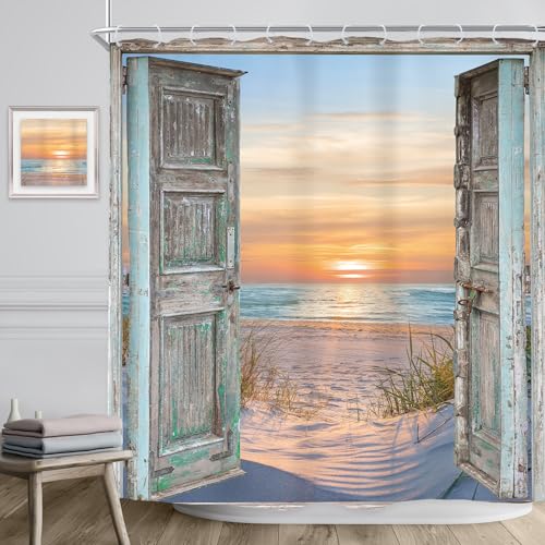 Image of Riyidecor Blue Beachy Shower Curtain,72Wx72H Inch Summer Beach Nautical Coastal Ocean,Rustic Barn Door Seashore Fabric Shower Curtains, Seaside Sunset Landscape Bathroom Decor Waterproof 12 Pack Hooks