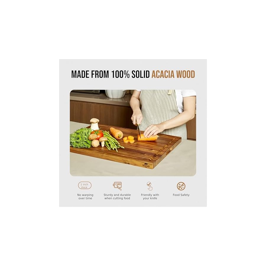 Bearchop Acacia Wood Cutting Boards for Kitchen, [17" x 13" x 1"] Medium Edge Grain Cutting Boards, Solid Wood Butcher Block Cutting Board with Juice Grooves and Handle, Knife Friendly and Reversible