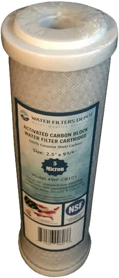 WFD, WF-CB105 2.5-inch x 9-3/4-inch Activated Carbon Block Water Filter Cartridge, fits in 10-inch Standard Size housings of undersink RO or Filtration Systems (4 Pack, 5 Micron)