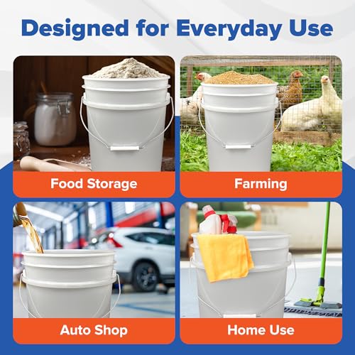 5 Gallon Bucket Only, Made in USA, Food Grade, Durable 90 Mil All Purpose Pail, Contains No BPA Plastic, Premium HPDE, Lids Not Included (Translucent, 3)