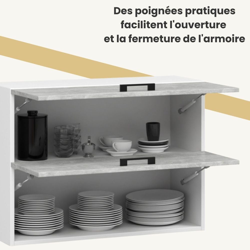 AKORD | Armoire de Cuisine Suspendue - Oliwia 80 cm G2 | Meuble avec 2 Portes et 2 Étagères | Armoire de Rangement | 80 x 30 x 58 cm | Blanc & Béton