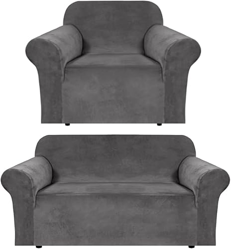 H.VERSAILTEX Funda para sofá biplaza de terciopelo para sofá de 2 plazas (58-72 pulgadas, gris), paquete de funda de terciopelo elástico para sofá