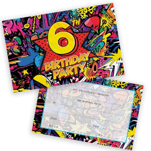 6th Birthday Party Invitations Kids - Comic Book Style 20 Pack - Childrens Birthday Invitations for Boys/Girls A6 Bday Party Invites Invitation Cards with Folding Envelopes