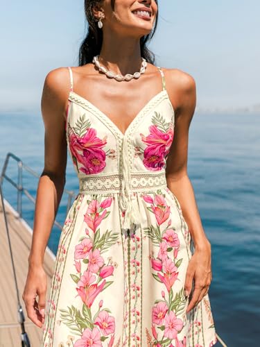Image of CUPSHE Womens Boho Floral Summer Dress V Neck Lace Trim Spaghetti Strap Backless Smocked Back Beach Vacation Mini Dress