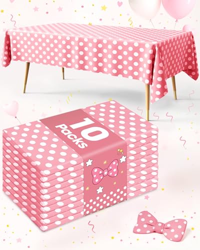 Image of Pureegg Plastic Table Cloth Disposable 10 Pack, 54 x 108 Inch Table Cloths, Birthday, Wedding, Pink Girl Party, Picnic, Decorative Tablecloths, Rectangle Cover, Leakproof & Sturdy, Pink Polka Dot
