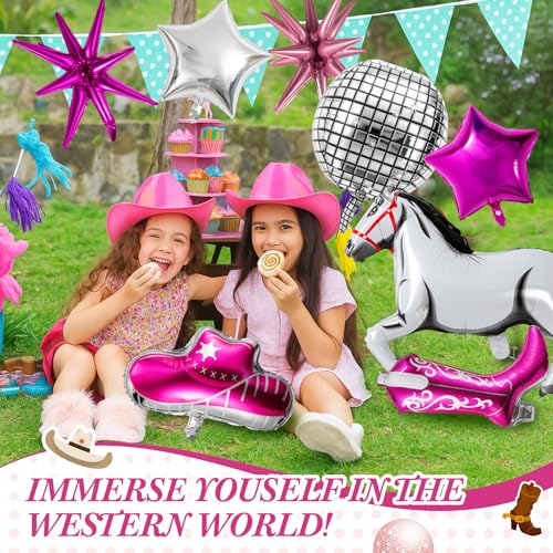 Image of VioraWhite 12 Pcs Cowgirl Balloons Pink Pony Themed Decoration Horse Disco Exploding Star Ball Hat Boots Balloons for Nash Bash Western Cowgirl Retro Last Bachelorette Party Decorations