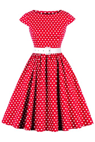 AXOE Damen Rockabilly Kleider 50er Jahre Baumwolle Gürtel Rot und Weiß Gepunktetes, Gr.40, L