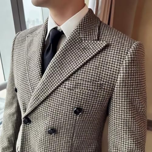 Men's Vintage Houndstooth Blazer Retro Double Breasted Peak Lapel Suit Jacket Formal Casual Sports Coat2