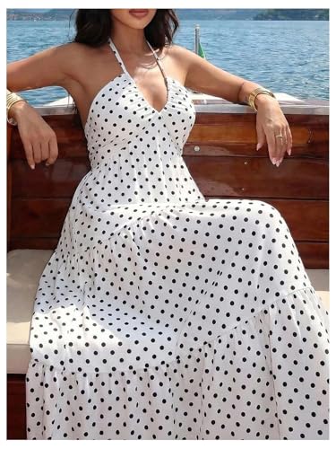 Image of SHENHE Women's Deep V Neck Tie Knot Backless Halter Dress A Line Flowy Ruffle Maxi Dress