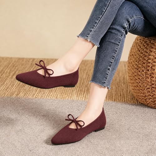 Image of TINGRISE Women's Pointed Toe Flats Comfortable Knit Ballet Shoes Washable Dressy with Bow Business Casual Work Shoes