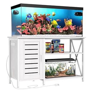 55-75 Gallon Fish Tank Stand, Aquarium Stand with Power Outlets and Cabinet for Fish Tank Accessories Storage, Heavy Duty Metal Frame, 52″ L*19.68″ W Tabletop, 1200LBS Capacity, White PG05YGW