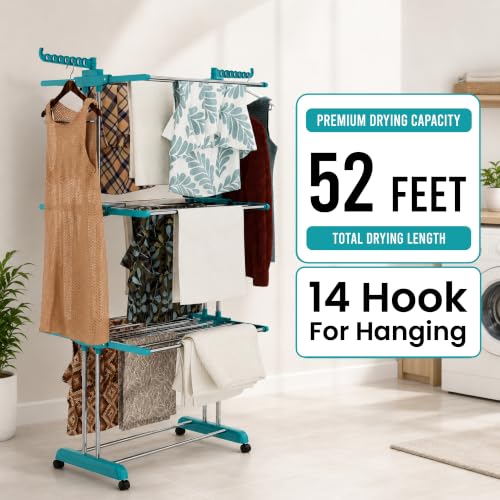 Image of LAPO Heavy Duty Cloth Dryer Stand for Drying Clothes for Indoor & Outdoor | Fodable | 360 Wheels | Anti Rust & Corrosion All Season | More Than 40 Clothes Drying | Space Saving & Adjustable (5.7 Ft)