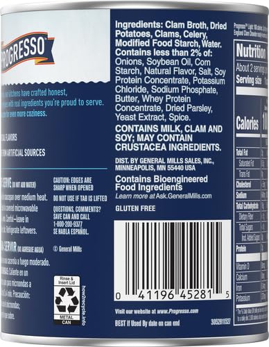Image of Progresso Light New England Clam Chowder Soup, Gluten Free, 18.5 oz | 200 Calories per Can, 40% Fewer Calories Vs. Leading New England Clam Chowder, No Artificial Flavors or Colors