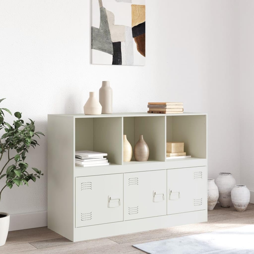 Aparador blanco 99 x 39 x 73 cm, acero laminado en frío, 3 puertas, espacio de almacenamiento para sala de estar, pasillo, comedor, oficina