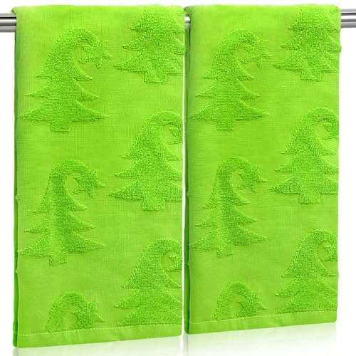 Whaline 2Pcs Christmas Hand Towel 3D Jacquard Cotton Towel Absorbent Green Xmas Tree Dish Towels for Winter Kitchen Bathroom 13.8 x 29.5 Inch