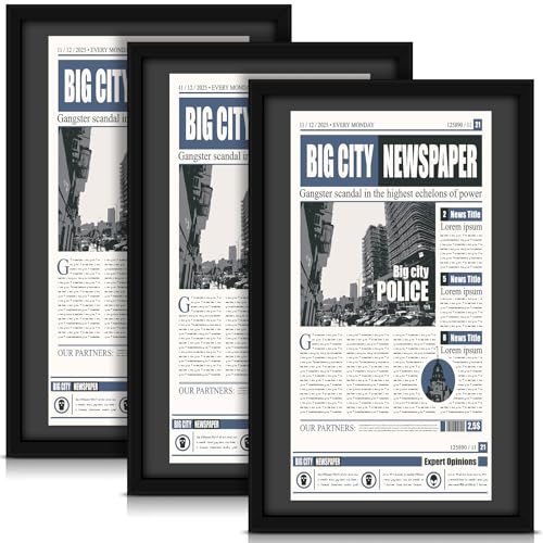 DoubleFill 3 Pcs 11x22 in Newspaper Frame with Mat Assorted Media Article Cover Frame with Hanging Hardware 14x24 in Newspaper Display Poster Frame for Wall Decoration (Black Mat)