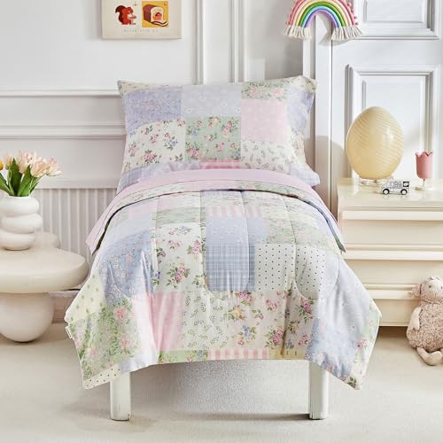 Image of Joyreap 4 Piece Cotton Toddler Bedding Set- Colorful Flowers Grids Patchwork Design, Toddler Comforter Set for Girls, Includes Quilted Comforter, Fitted Sheet, Top Sheet, and Pillow Case