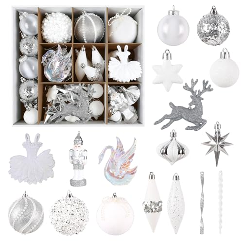 SHareconn 80ct Christmas Tree Balls Ornaments Snow Fairyland Series Gift Box Shatterproof Plastic Decorative Baubles for Xmas Decor Holiday Wedding Party Decoration with Hanging Hooks Silver & White