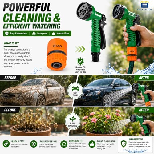 Image of Btag 7-Pattern Garden Spray Gun Hose Nozzle with Adjustable Trigger Handle, Water Spray Nozzle for Car Wash, Lawn & Garden Watering - with Orange Connector (SPRAY001 Green)