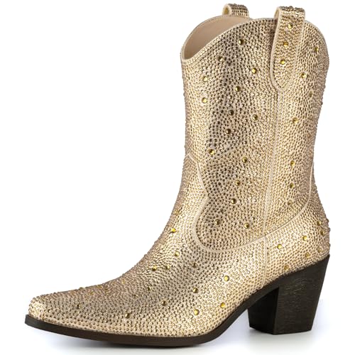 Image of MISSMILLER Rhinestone Boots for Women Sparkly Cowgirl Boots Pointed Toe Chunky Heels Rhinestone Cowboy Boots