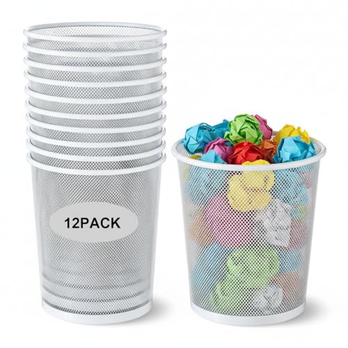 Image of Hushee 12 Pcs Metal Mesh Trash Can Wire Waste Paper Basket Trash Bin Garbage Can for Office Under Desk, Kitchen, Bedroom, Den, Dorm Room, Toilet(White,12 Pcs)