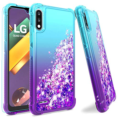 M MAIKEZI for LG K32 Case,LG K22 Case,with HD Screen Protector,Gradient Quicksand Glitter Bling Flowing Liquid Floating Cushion Protective Cute Case for LG K22/K22 Plus/K32(Teal Purple)
