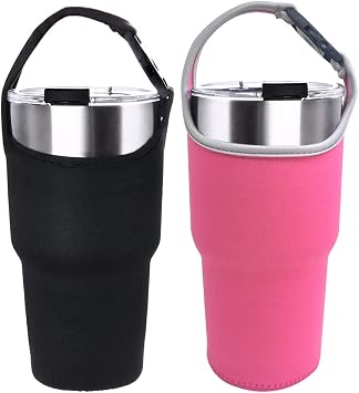 2 Pack Tumbler Carrier Holder Pouch for All 30oz Stainless Steel Travel Insulated Coffee Mug,DanziX Neoprene Sleeve with Carrying Handle,Fit for YETI Rambler Ozark Trail Rtic and More-Black,Rosy