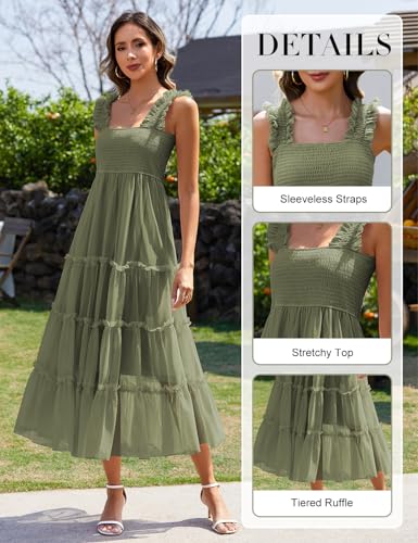 Image of HEEKPEK Womens Summer Midi Dresses 2025 Flowy Tulle Sleeveless Smocked Square Neck Ruffle Tiered Sundress Wedding Guest Party