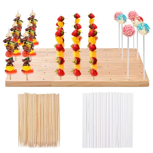 IHKFILAN 54 Holes Wooden Skewer Display Holder,Rectangle Fruit Kabobs Skewers Stand,Catering Appetizer Fruit Pick Stand Skewers,Wheat Color Wood Lollipop Holder for Baby Shower Birthday Cocktail Party