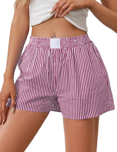 Image of Ythomm Womens Lounge Shorts Y2k Striped Print Elastic Waist Pajama Shorts Cute Boxers Bottoms With Pockets Comfy Sleepwear, X-Large, White-pink
