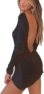 Sdencin See Through Thin Knitted Beachwear Sheer Mini Dress,Sexy Solid Backless Bikini Cover Up Long Sleeve Short Dress