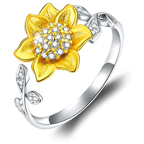 Esberry 18K Gold Plating 925 Sterling Silver Sunflower Open Ring 3D Flower Shape Adjustable Ring Jewelry for Women and Girls (Yellow Gold) Cover