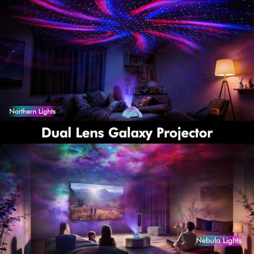 Image of Rossetta Dual Lens Galaxy Star Aurora Projector Night Light for Bedroom | 58 Light Effects, White Noise, Bluetooth Speaker, Music Sync, Remote Control, Timer, Room Decor Gift for Kids Adults Teens