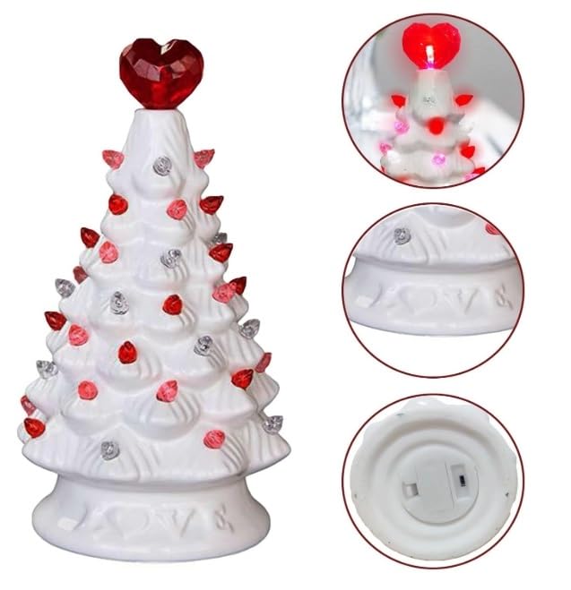 Árbol de mesa iluminado de corazón para el día de San Valentín, árbol de cerámica blanca de San Valentín con luces, árbol de cerámica del día de San Valentín de 6.3 pulgadas, para decoración del hogar