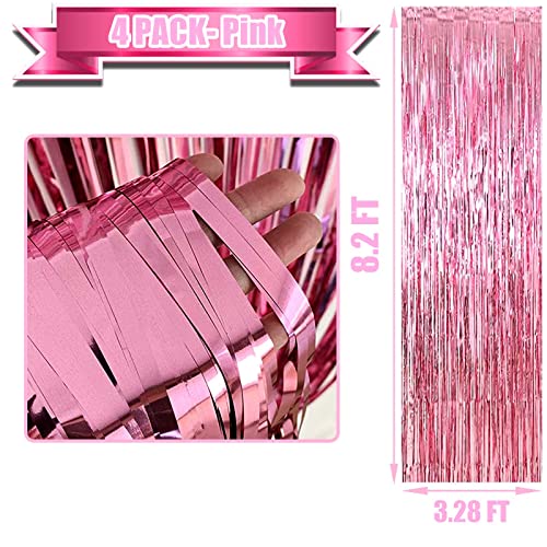 Image of 4 Pack Pink Foil Fringe Curtain Backdrop, 3.28Ft x 8.2Ft Metallic Tinsel Foil Fringe Streamer Curtains for Photo Booth Props, Birthday, Wedding, Valentine's Day Decoration Party Supplies
