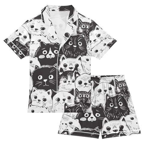 ALAZA Black White Cat Animal Kitten Pajamas Satin Pajama Set Short Sleeve Button Down Sleepwear