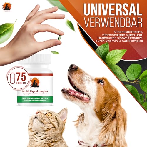 Vitalpfoten 75 Multi Algenkomplex Kapseln für Hunde und Katzen mit Chlorella, Spirulina, Grünlippmuschel, Eisen, Vitamin C & Vitamin B nutrikomplex - Energie & Nerven - Vitamin-B und Eisentabletten