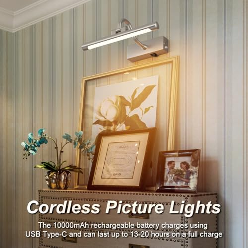 Image of Aipsun 11.8 inch Nickel Picture Lights for Wall Rechargeable,10000mAh LED Battery Operated Art Light for Paintings,3CCT Dimmable, Rotatable Gallery Light for Pictures Display(Brushed Nickel)