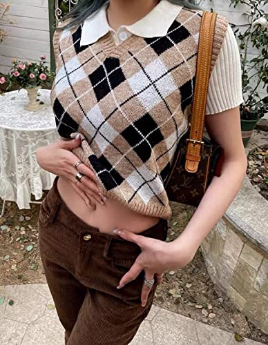 Image of Women's Sweater Vest,Y2K Sleeveless Pattern Preppy Style Knitted Crop Tank Top for Girl
