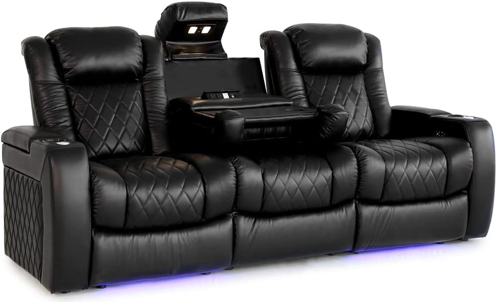 Valencia Tuscany XL Home Theater Seating | Premium Top Grain Italian Nappa 11000 Leather, Power Headrest, Lumbar Support, Extra Space, Center Drop Down Console (Row of 3, Black)