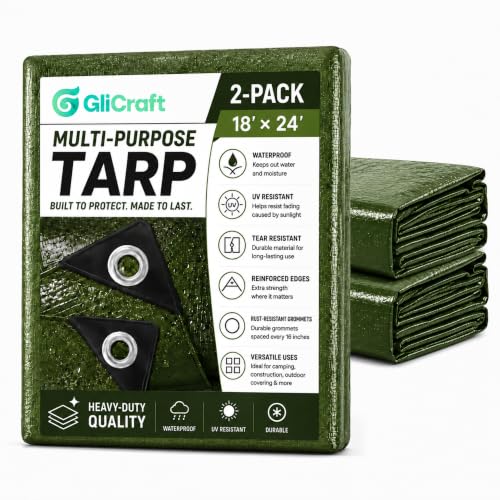 Image of 2 Pack 18 x 24 ft 5.5 Mil Large Tarps Heavy Duty Waterproof Tarp Multi Purpose Tent Cover for Home Boats Cars Camping Patio Furniture Roof Emergency Rain Protective Cover, Army Green