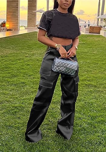 Lucuna Women's Satin Cargo Pants Y2K High Waisted Multi-Pocket Straight Leg Baggy Casual Trousers3