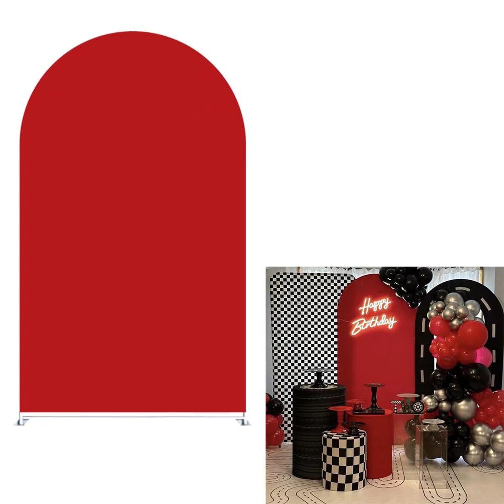 Ellteecz Kids Racing Car Birthday Party Arch Backdrop Cover Red Solid Color Arches Background Stand Stretchy Fabric Covers for Baby Shower Festa Wedding Parties Decorations 4x7FT