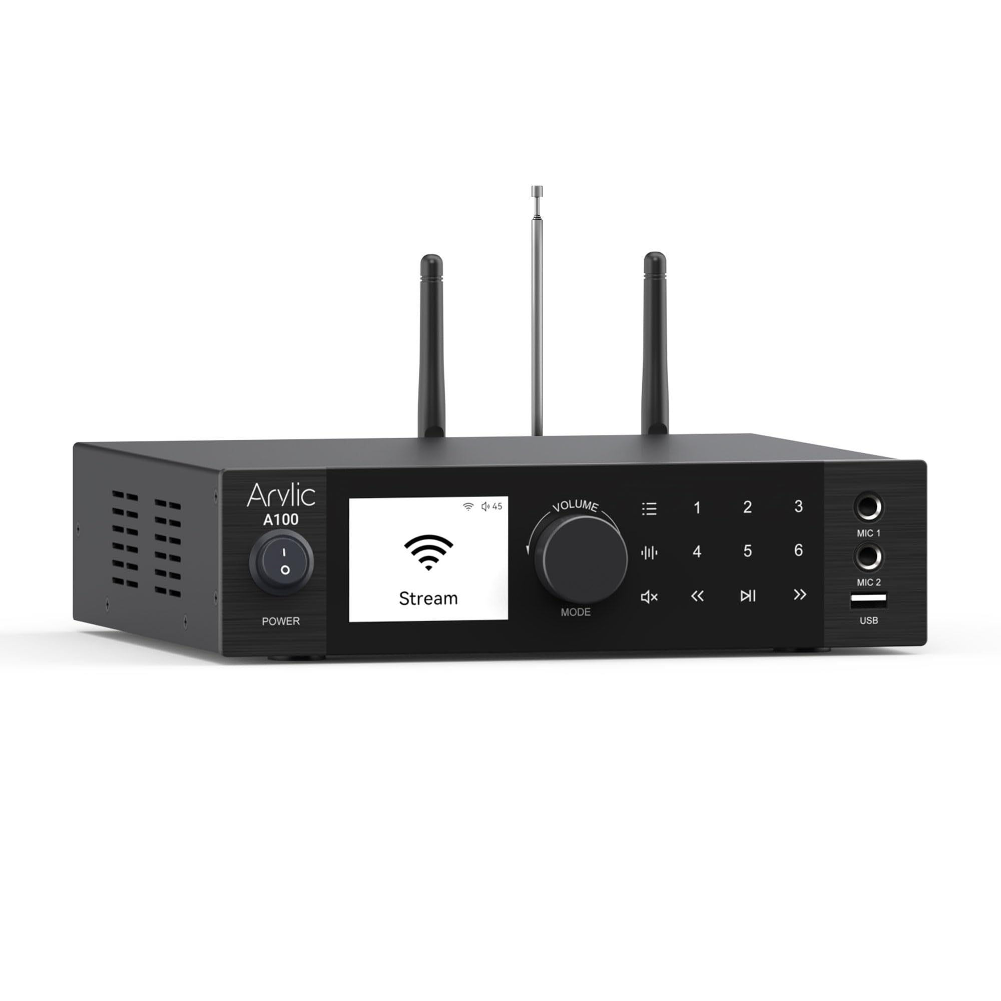 Amplificatore HiFi digitale wireless Arylic A100 con radio FM, ricevitore audio WiFi e Bluetooth da 100 W × 2, compatibile con AirPlay, Spotify Connect, ideale per KTV, home theater e trasmissioni.
