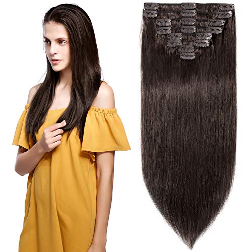 13 inch 80g Clip in Remy Human Hair Extensions Full Head 8 Pieces Set Short length Straight Very Soft Style Real Silky for Beauty #2 Dark Brown