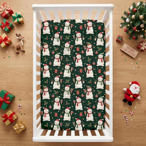 Image of JISEN Christmas Fitted Crib Sheets for Boys Girls 52x28 Inch Snowman Green
